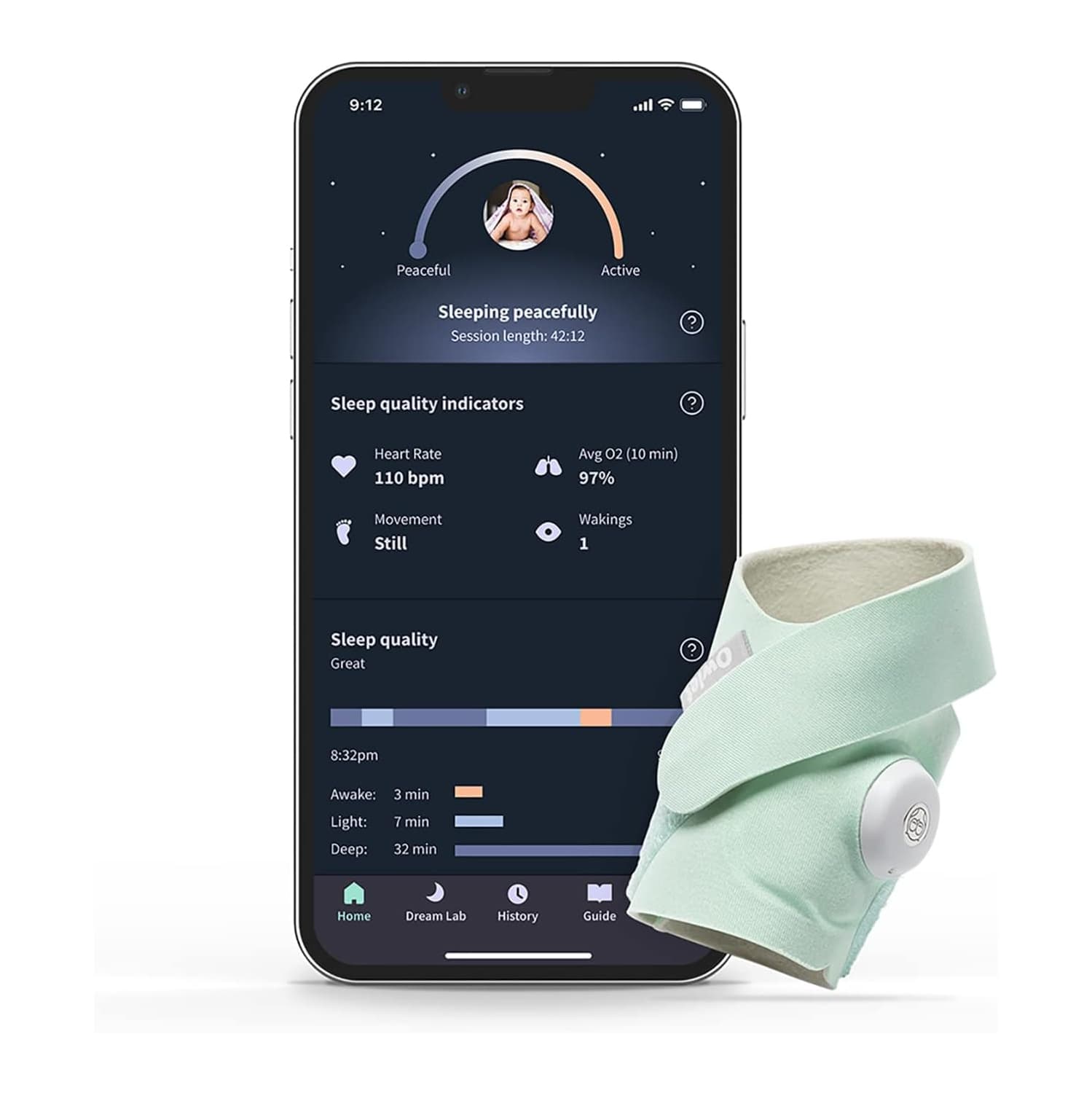 Owlet Dream Sock (Smart Baby Monitor View Heart Rate, Average Oxygen O2 as Sleep Quality Indicators. Wakings, Movement, Sleep State. Digital Sleep Coach and Sleep Prompts) - Mint