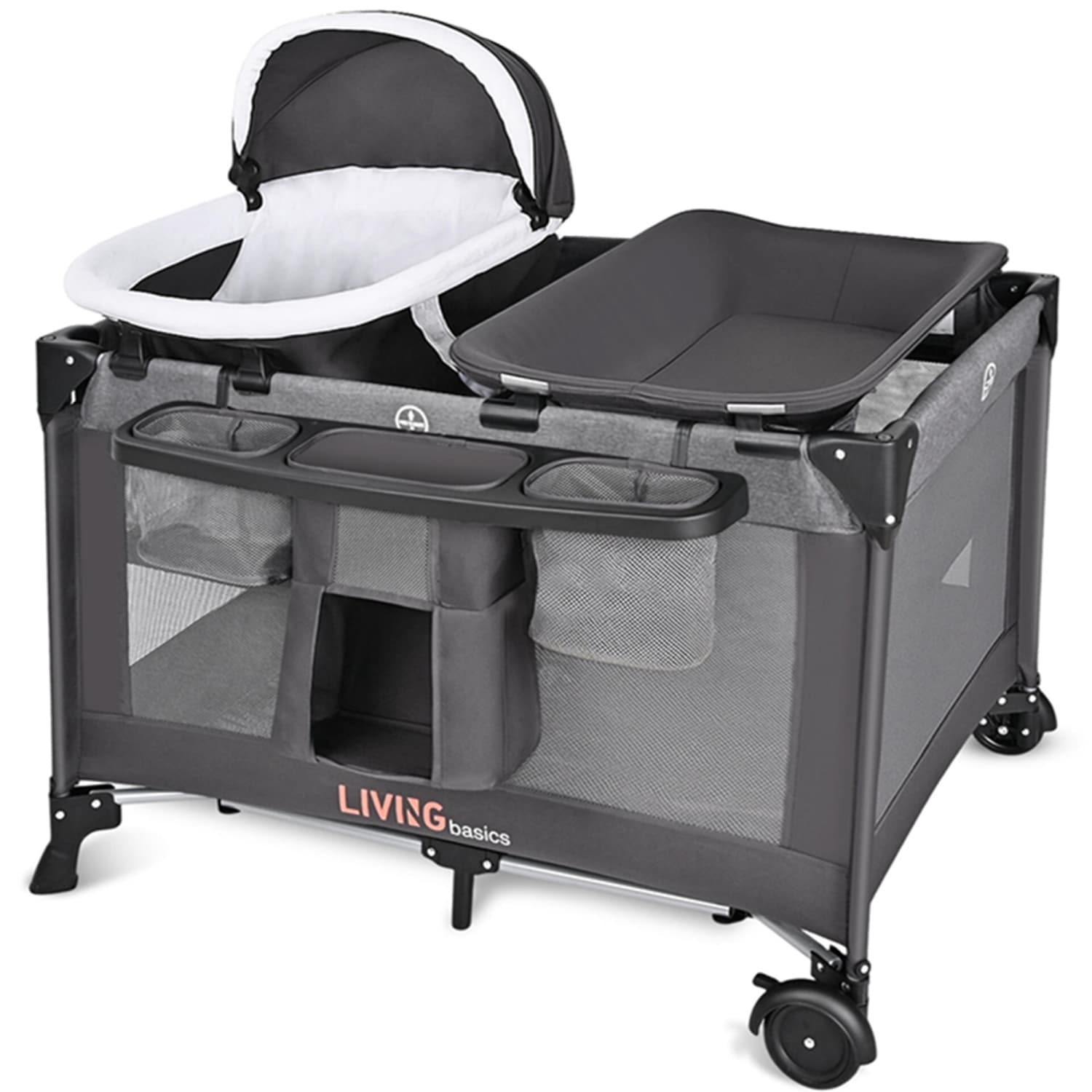 4 in 1 Baby Playard with Removable Cradle and Changing Table, Foldable Baby Crib Nursery Center with Bassinet for Home Travel Outdoor