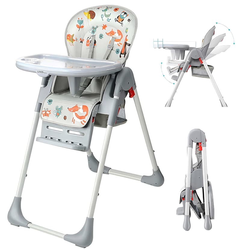 Baby High Chair, Foldable Dining Chair with Storage Basket, Adjustable Seat Height, Food Tray and Footrest, 3 Reclining Backrest