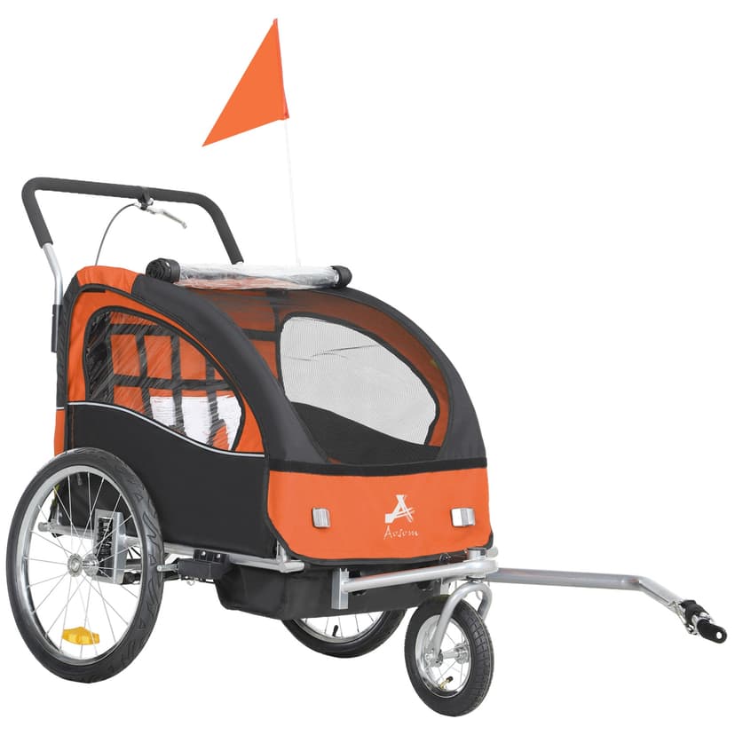 Aosom 2-Seat Bike Trailer for Kids, 2-in-1 Baby Stroller Bicycle Trailer 88 lbs Load with 5-Point Harness, Rubber Wheels, Storage, Safety Flag, Reflectors, Foldable Frame, Orange
