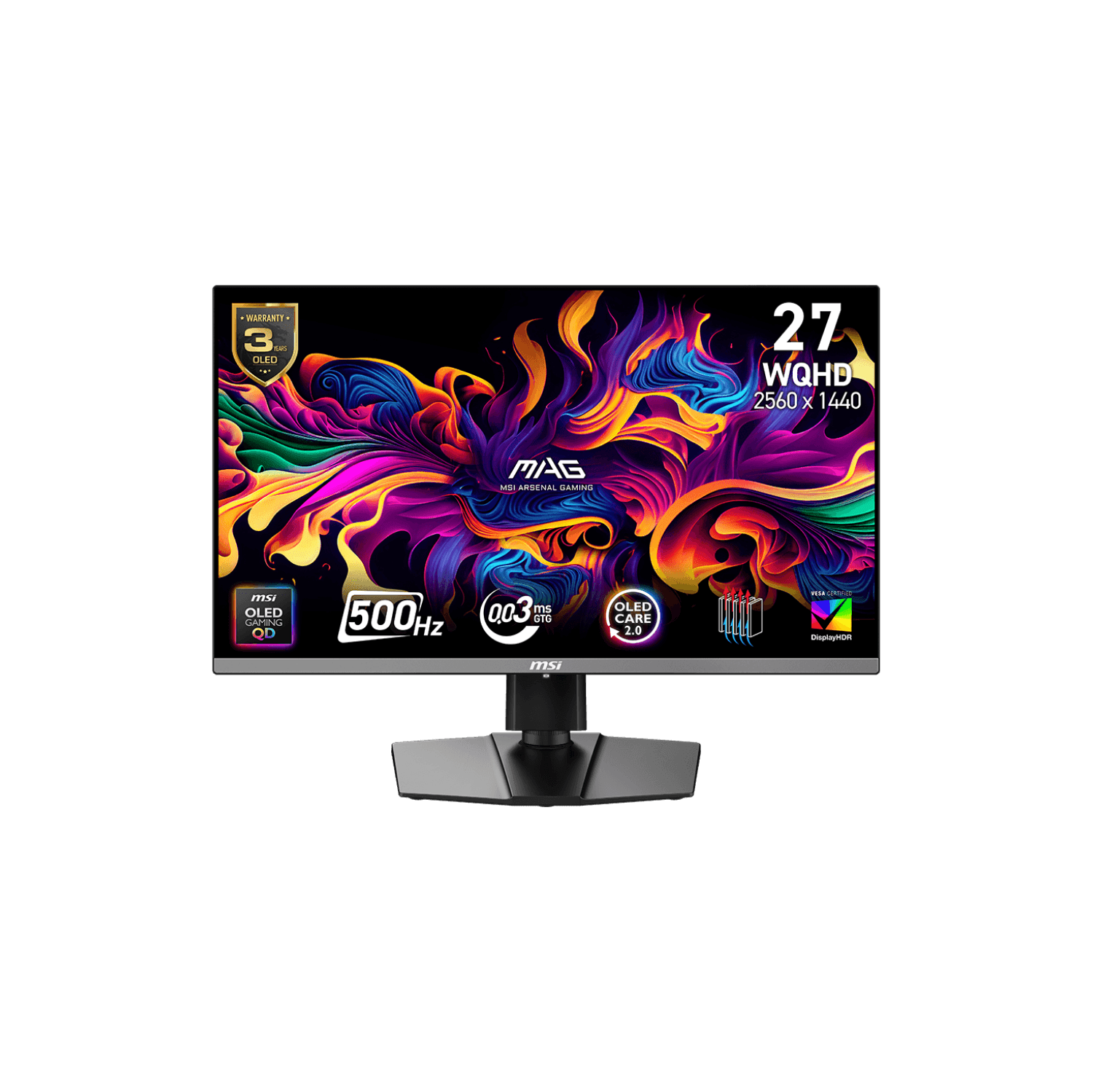 MSI 27" 2560 x 1440 (QHD) 500Hz 0.03ms (GTG) QD-OLED Gaming Monitor, HDR True Black 500, Clear MR21000, Type-C 15W, Tilt and Height adjustable (MAG 272QP QD-OLED X50)