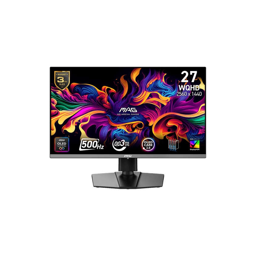 MSI 27" 2560 x 1440 (QHD) 500Hz 0.03ms (GTG) QD-OLED Gaming Monitor, HDR True Black 500, Clear MR21000, Type-C 15W, Tilt and Height adjustable (MAG 272QP QD-OLED X50)