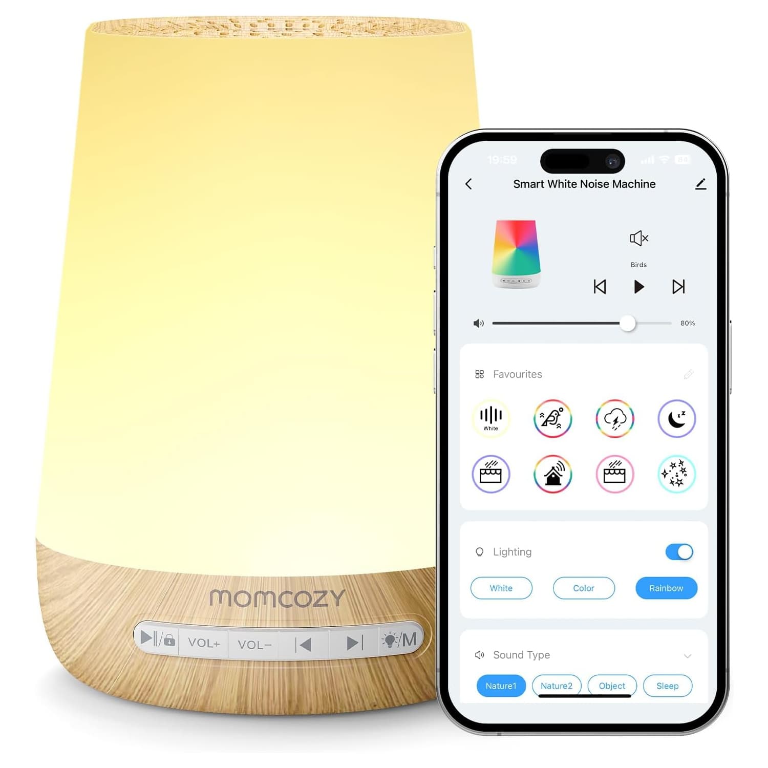 Baby Sound Machine, Momcozy White Noise Machine for Baby Sleeping with Night Light, Toddler Sleep Trainer with 34 Soothing Sounds, Timer, App Remote Control, Personal Sleep Routine