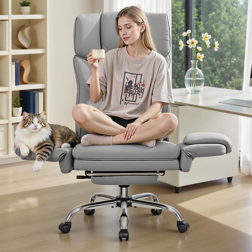 CoolHut Ergonomic Big and Tall Office Leather Chair with Expandable Arms, Reclining High Back Cross Legged Desk Chair with Footrest and Lumbar Support Wide Seat for Gaming and Pets