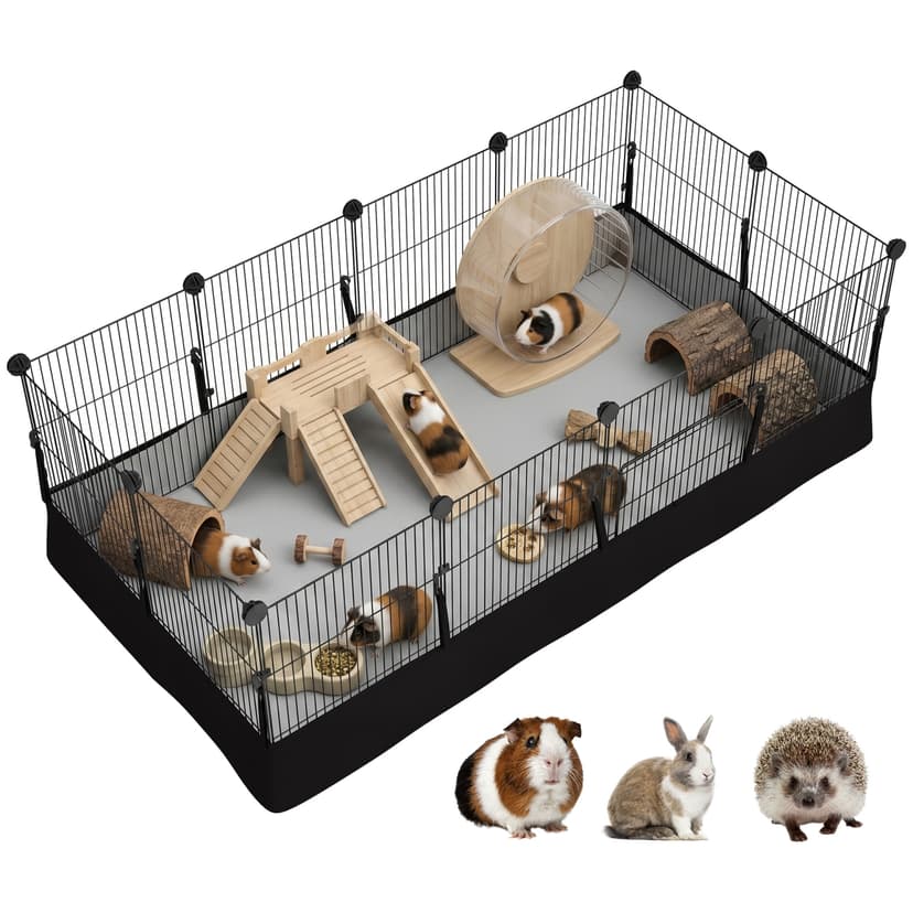 PawHut 12 Panels Small Animal Cage with Waterproof Mat, DIY C&C Cage for Guinea Pigs, Rabbits, Hedgehogs, Animal Playpen with Door, 47.2" x 23.6" x 15.7"