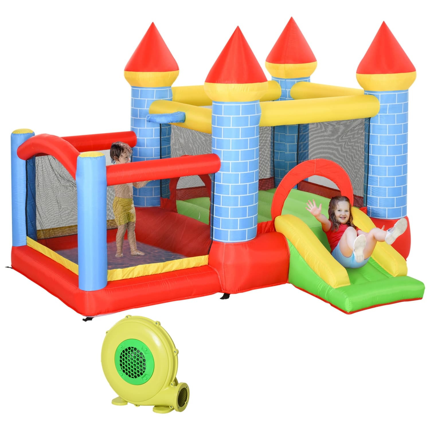 Qaba 9.2 x 9.5FT Bouncy Castle for Kids, 4 in 1 Inflatable Bounce House with Trampoline, Slide, Water Pool, Basket, Blower, Carry Bag, Indoor Outdoor Bouncer for Age 3-8
