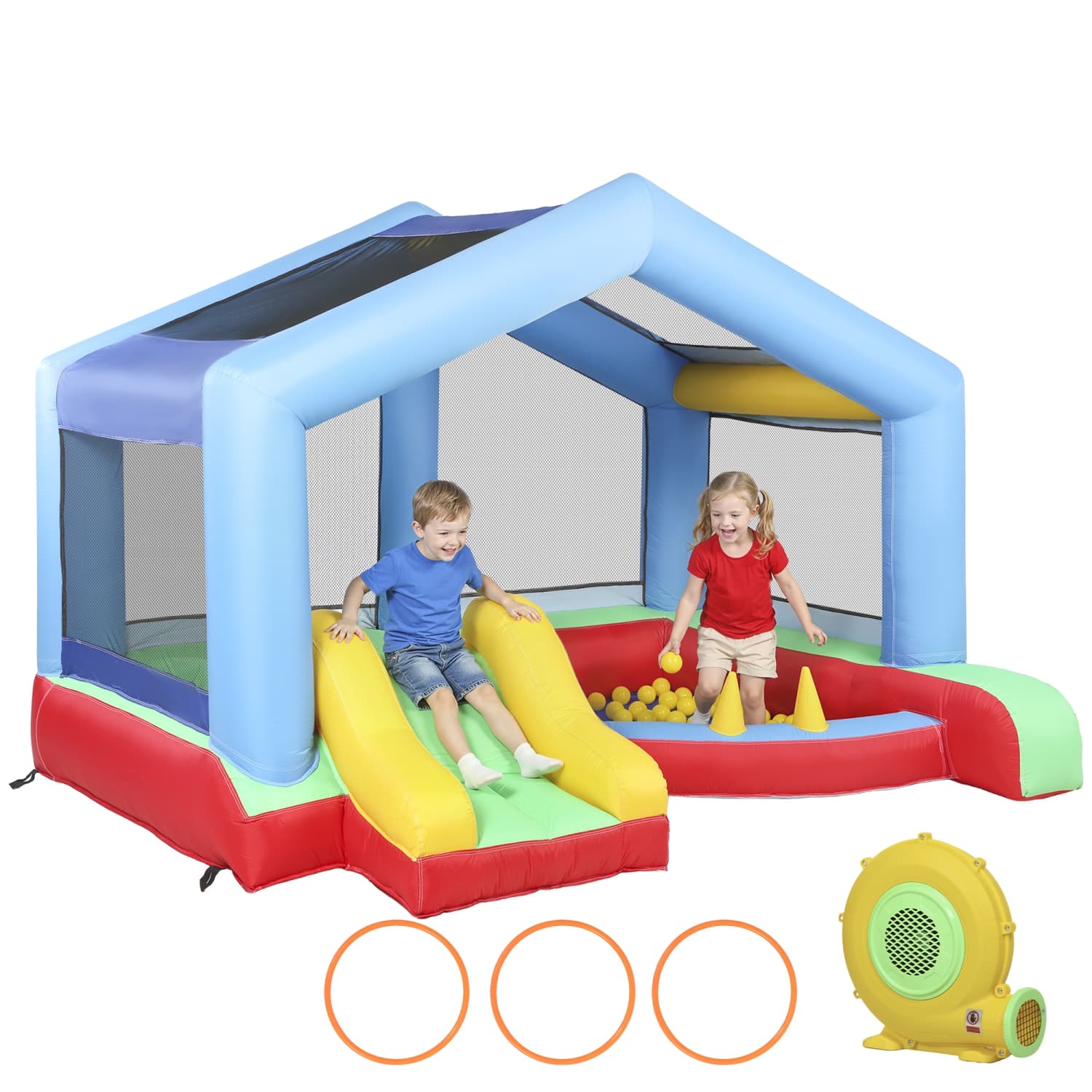 Qaba Bouncy Castle for Kids, Inflatable Bounce House with Slide, Ball Pit and Ring Toss Game, Jumping Castle with Sunshade and Blower for Indoor Outdoor Backyard Party Fun