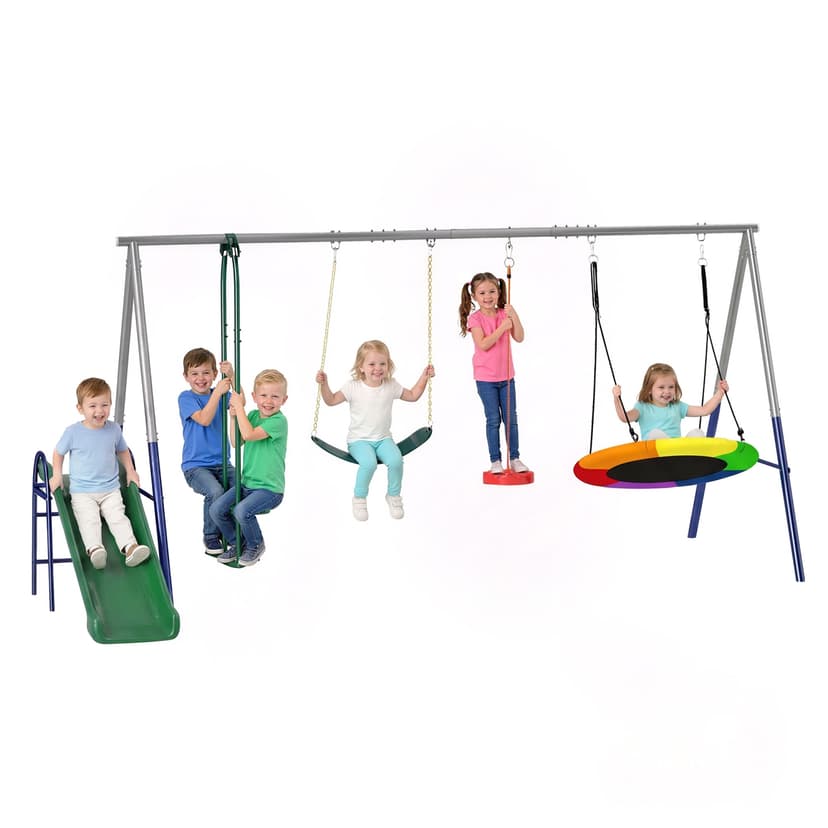 Qaba 5-in-1 Swing Sets for Backyard, 770lbs Capacity Metal Outdoor Playset with A-Frame, Slide, Saucer Swing, Belt Swing, Glider and Standing Swing, Adjustable Height, Multicolour