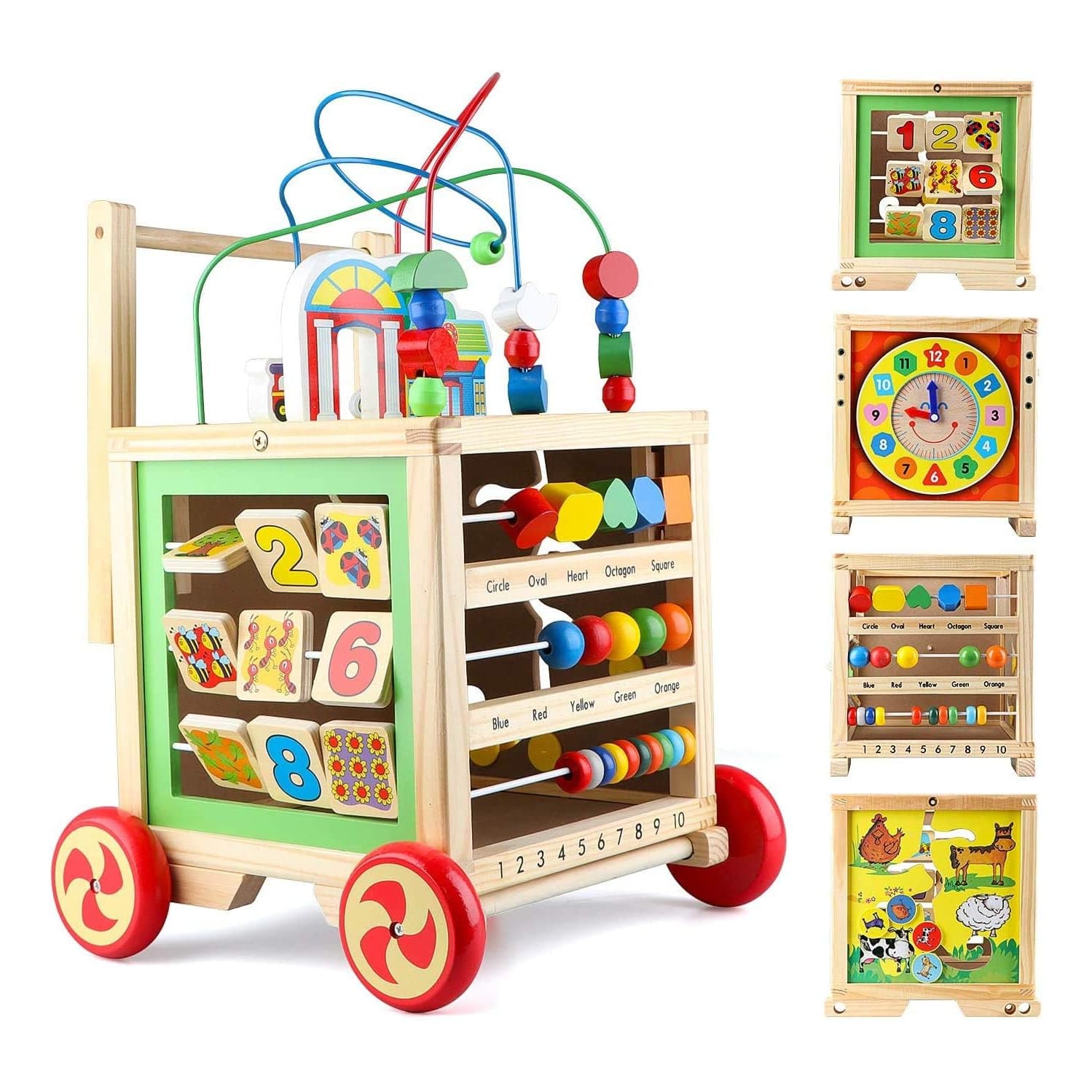 Wooden Activity Cube Toys with Bead Maze Baby Clocks Shape Sorter Abacus 6 in 1 Play Push and Pull Learning Walker Educational Toys