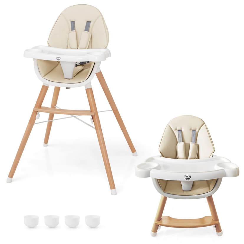 Costway Baby High Chair Wooden Feeding Chair with 4-Gear Tray & Removable Cushion