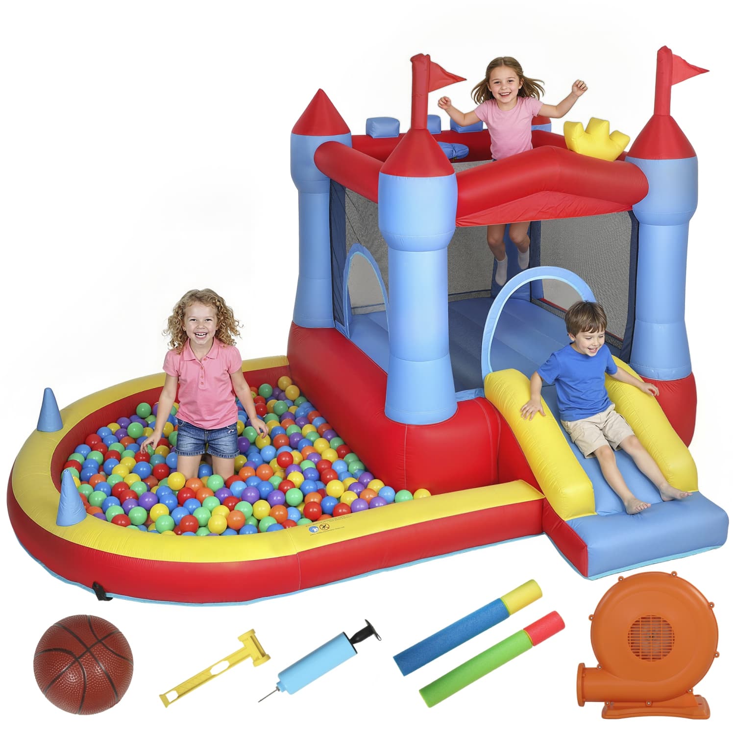 Qaba Bouncy Castle for Kids, 11.2x8.4FT Inflatable Bounce House with Slide, Pool/Ball Pit, Basketball Hoop, Jumping Castle with Basketball, Water Blaster, Blower for Indoor Outdoor