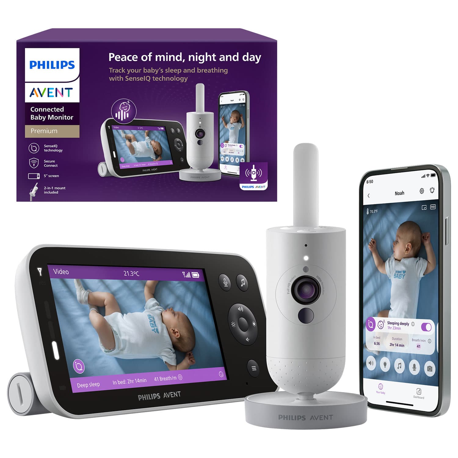 Philips Avent Premium Connected 5" Wi-Fi Baby Monitor with Breathing Monitor, Sleep Tracking & Night Vision (SCD973/37)
