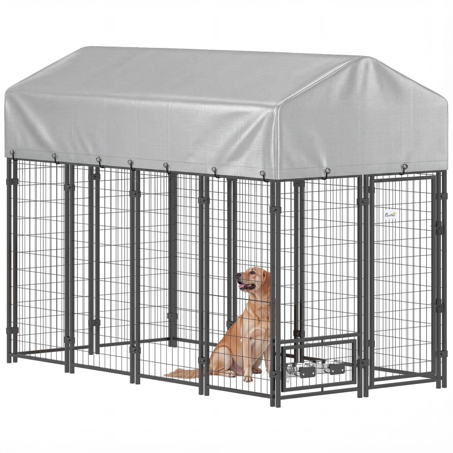 PawHut Outdoor Dog Kennel, Run, Large Wire Steel Fence, Lockable Pet Playpen Enclosure, with Water-, UV-Resistant Canopy Top, Door, Rotating Bowl Holders, 8ft x 4ft x 6ft, Silver