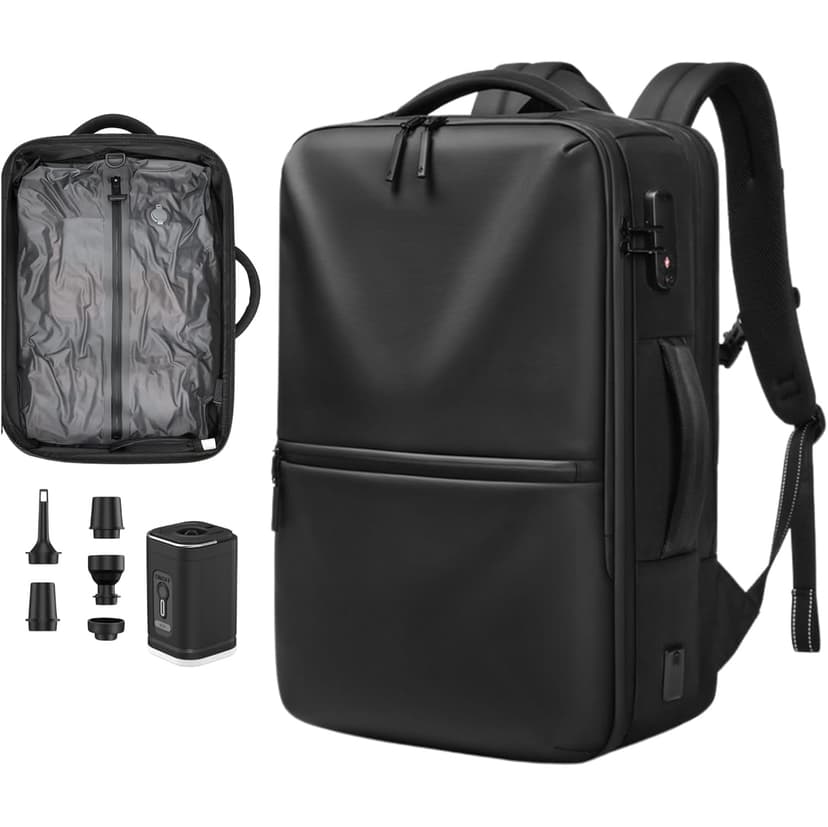 70L Vacuum Seal Travel Backpack Expandable Air Compression System, Water Resistant Airline Approved Carry-On Suitcase Luggage, Black - Vacuum Pump Included