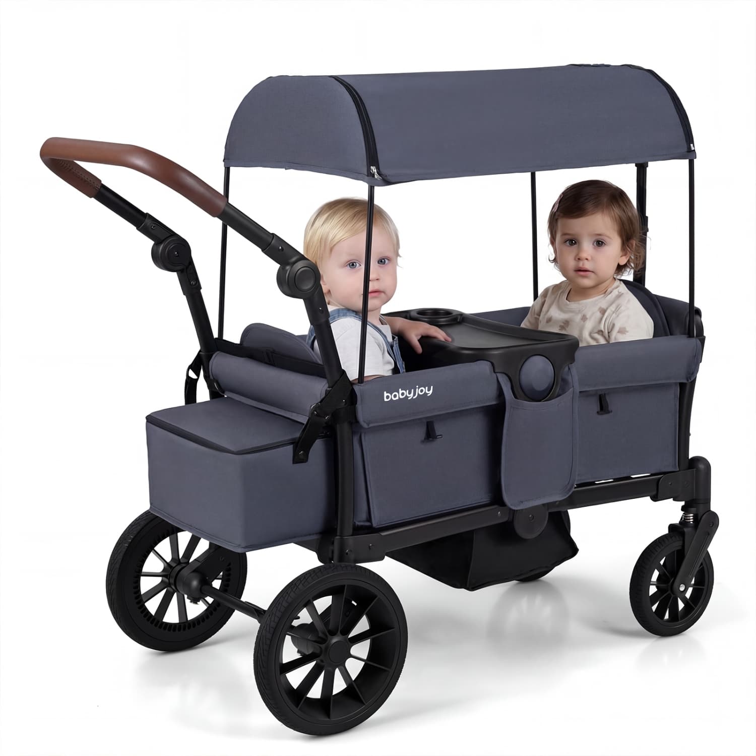 Costway Foldable Wagon Stroller for 2 Kids, Double Seater Toddler Stroller with Canopy Gray/Black