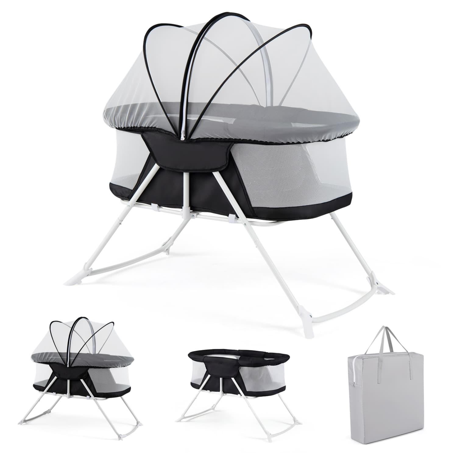 Costway 2 in 1 Baby Bassinet with Rocking Motion,Foldable Bedside Sleeper with Breathable Mesh Black, Gray, Beige