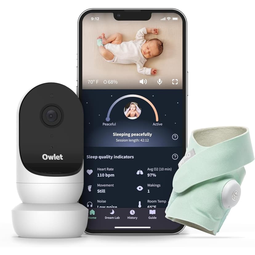 Owlet Cam 2 & Dream Sock Duo Smart Baby Monitor with 1080p HD Wi-Fi Camera, Live Sleep Tracking, Heart Rate & Oxygen Monitoring - Bedtime Blue