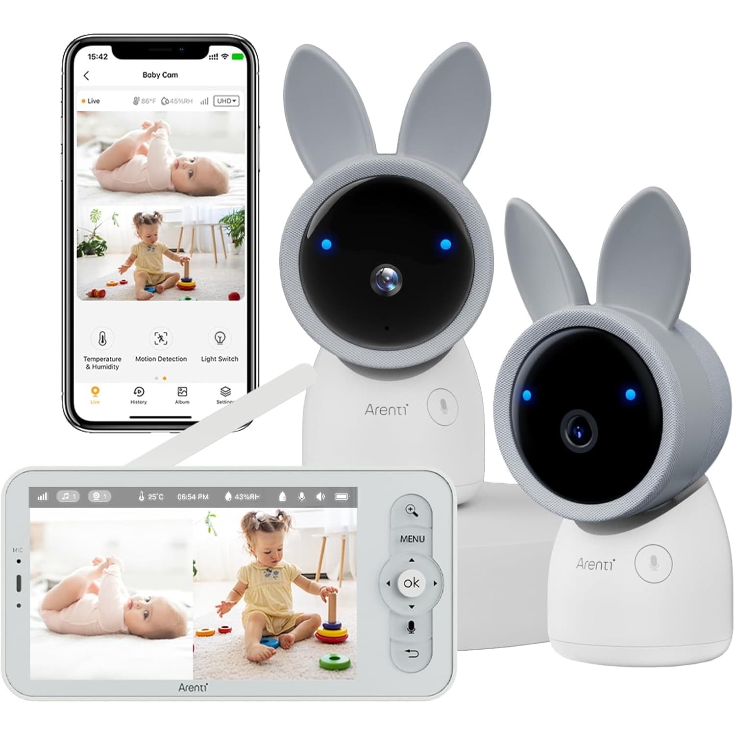 Open Box - ARENTI Baby Monitor 2 Cameras, 3MP 2K Baby Camera 2-Pack with 5" LCD Screen, App Control, 2-Way Audio, Night Vision, Night Light, Temperature Humidity Sensor