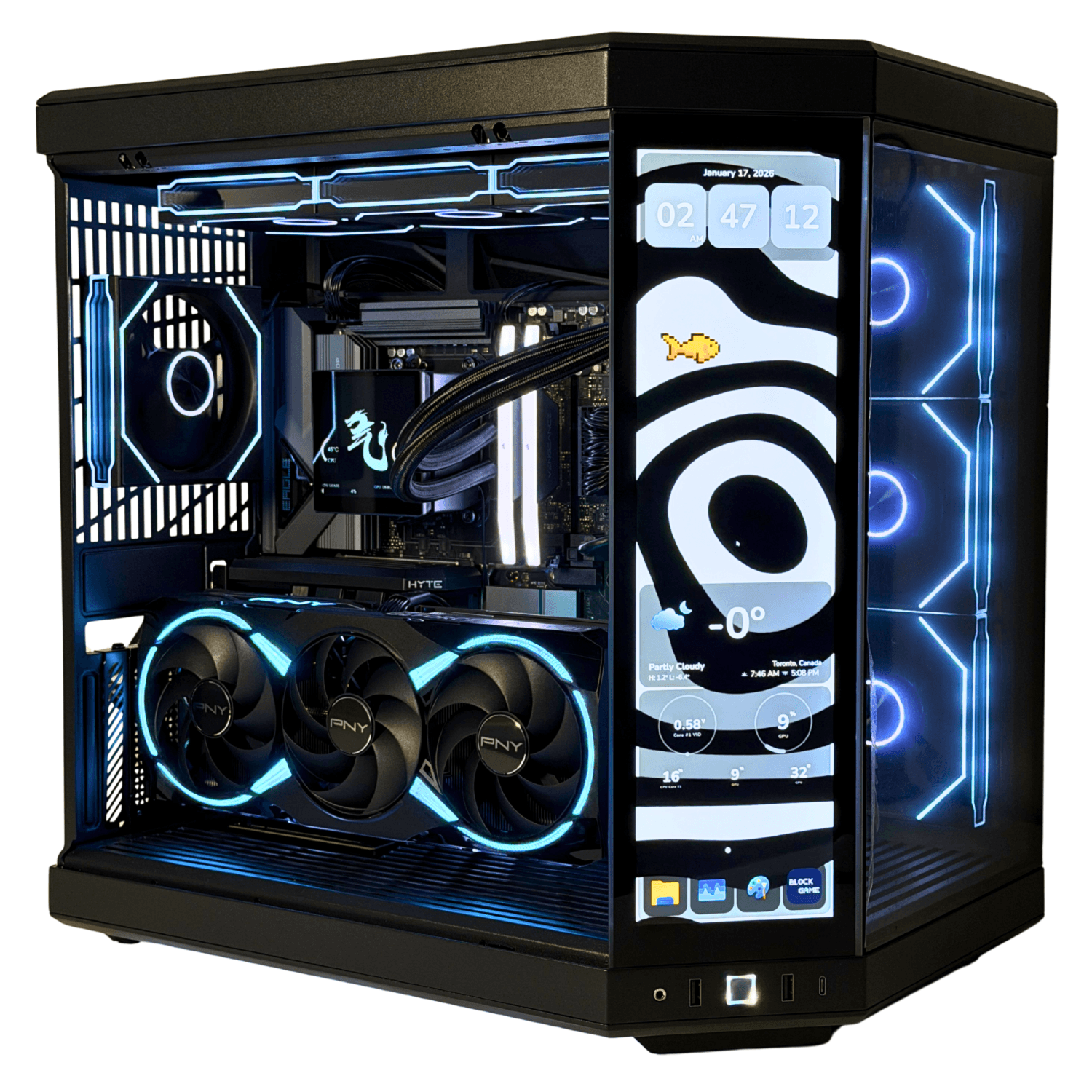 Qi Tech Infinite Elite Gaming PC - RTX 5080, Ryzen 7 9800X3D, 32GB RAM, 1TB SSD - Hyte Y70 Touch Infinite Case with 360mm LCD Liquid Cooling - Black