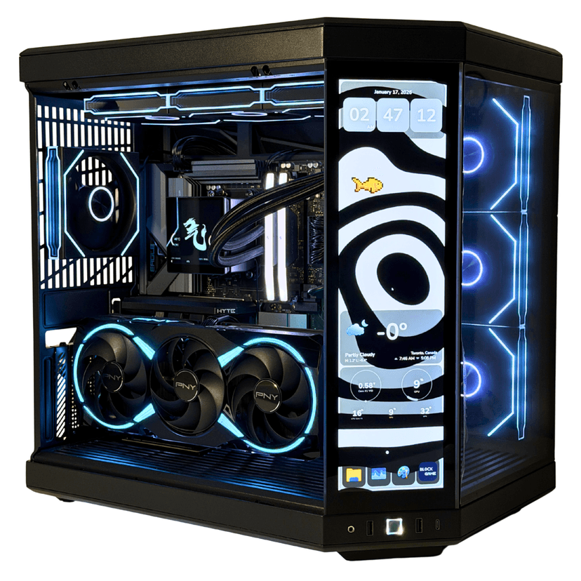 Qi Tech Infinite Elite Gaming PC - RTX 5080, Ryzen 7 9800X3D, 32GB RAM, 1TB SSD - Hyte Y70 Touch Infinite Case with 360mm LCD Liquid Cooling - Black
