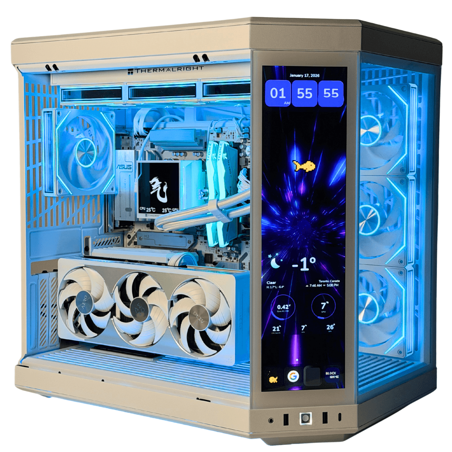 Qi Tech Glacial Infinite Elite Gaming PC - RTX 5080, Ryzen 7 9800X3D, 32GB RAM, 1TB SSD - Hyte Y70 Touch Infinite Case with 360mm LCD Liquid Cooling - White
