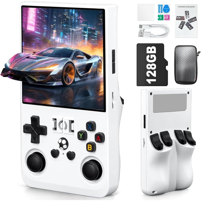 Open Box - R36MAX Retro Handheld Video Game Console, 4.0-Inch HD IPS Screen, 128GB TF Card, Open Source System, RK3326 Chip, 4000mAh Battery, Portable Classic Gaming Console, White
