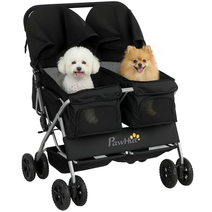 PawHut Double Pet Stroller, Foldable Dog Stroller with 2-Seater Carrier, Adjustable Sunshade, Removable Pad, Safety Belt, Storage Basket for 2 Puppies & Cats, Black