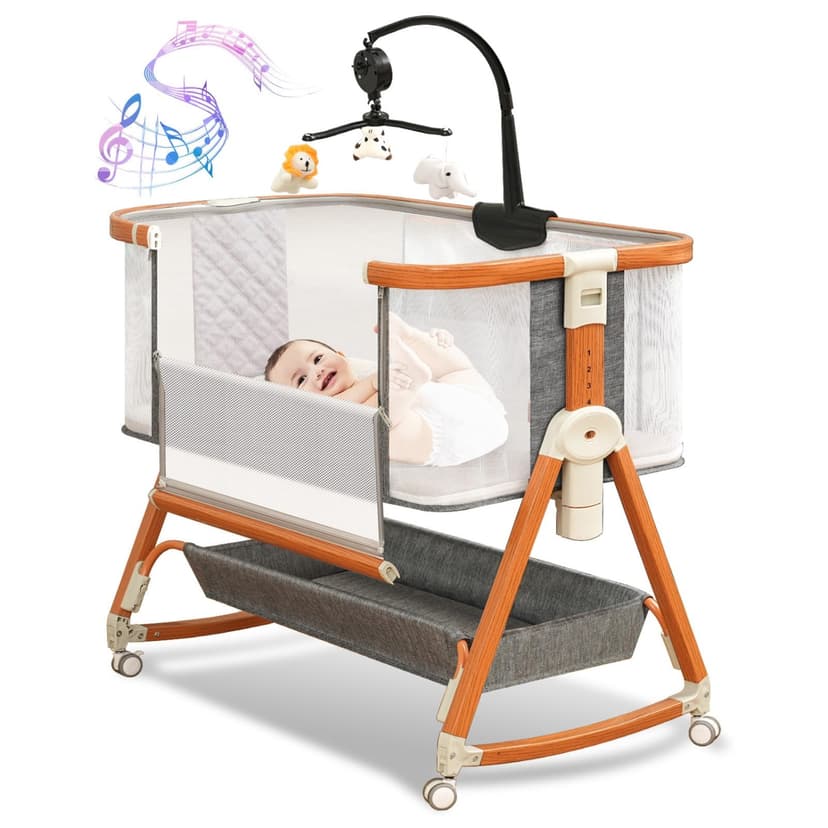 3 in 1 Bassinet,Baby Bassinets Bedside Sleeper with Musical Toy,Adjustable Height Bedside Bassinet for Baby with Wheels and Storage Basket,4-Sided Mesh Bedside Crib for Newborn 0-6