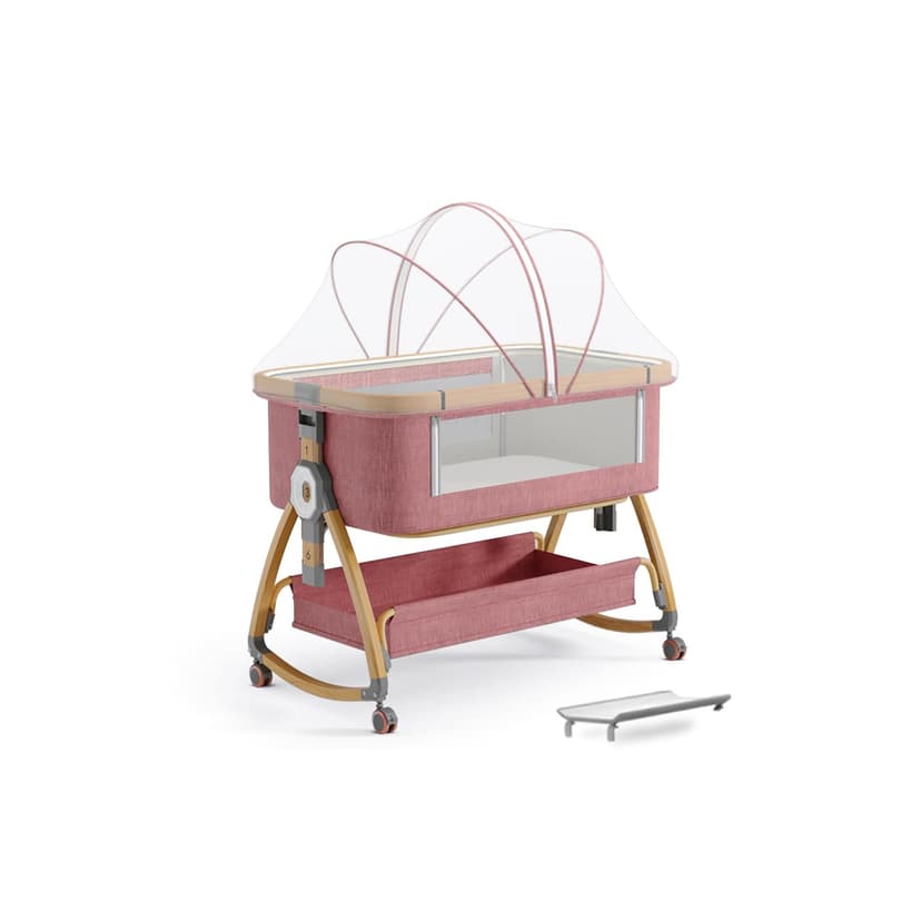 Baby Bassinet, Bedside Bassinet for Baby, 4 in 1 Portable Bedside Sleeper with Wheels Mosquito Net & Storage Basket, 6 Height Adjustable Rocking Bassinet for Newborn Baby