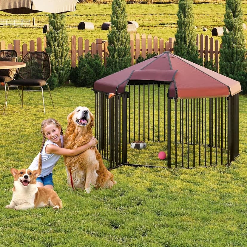 GARVEE Outdoor Dog Kennel With Roof, Outdoor Dog Playpen With Metal Gate,Portable Easy Setup, Octagon Dog Pen With Lock For Outdoor Backyard (4.9x4.9x3.6FT)