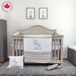 Bebelelo 7 Pieces Nursery Crib Bedding Set Including Skirt, Comforter, Quilt Cover, Fitted Sheet, and More for Kids, Baby Boys and Girls (Gray and Pink with Zig Zag Pattern)