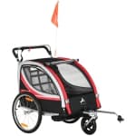 Aosom 2 Seat Bike Trailer for Kids 2-in-1 Double Baby Stroller with Handbrake, Rubber Wheels, 5 Point Harness, Waterproof Cover, Storage Bag, Reflectors, Red