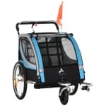 Aosom 2 Seat Bike Trailer for Kids 2-in-1 Double Baby Stroller with Handbrake, Rubber Wheels, 5 Point Harness, Waterproof Cover, Storage Bag, Reflectors, Blue