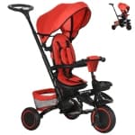 Aosom Tricycle for Toddler 6-in-1 Kids Trike, Foldable Converts Stroller to Baby Push Bike, Adjustable Backrest with Detachable Guardrail & Handle, Brake for 1-4 Years Old, Red