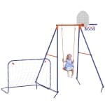Outsunny 3 in 1 Metal Swing Set with Swing Seat, Basketball Hoop and Football Goal, Ground Stakes, Kids Swing Set for Backyard, Outdoor, Playground, Multicoloured