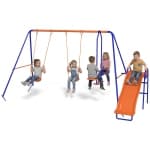 Outsunny 4 in 1 Metal Swing Set with Double Swings, Glider, Slide, Ladder, Kids Swing Set for Backyard, Outdoor, Playground, Multicoloured