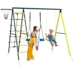 Outsunny 4 in 1 Metal Swing Set with Saucer Swing, Seat, Climbing Ladder/Net, Basketball Hoop, Ladder, Kids Swing Set for Backyard, Outdoor, Playground, Multicoloured