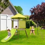 Costway 4-in-1 Swing Set with Covered Playhouse Fort Height Adjustable Baby Seat Slide