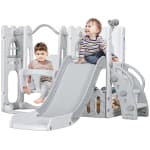 Qaba 6-in-1 Kids Slide and Swing Set with Telescope, Basketball Hoop, Climber, Baby Toddler Swing Set Indoor Playground with Storage Space, for Aged 1-3 Years Old, Grey