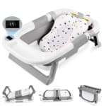 Folding Baby Bath Tub with Soft Support Cushion and Temperature Sensor, Anti-Slip Portable Travel Shower Basin
