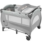 Foldable Baby Playard with Bassinet and Changing Table, Portable Crib Travel Infant Playpen with Zipper Gate, Grey