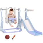 Qaba 4-in-1 Toddler Slide, Baby Kids Indoor Slide and Swing Set with Basketball Hoop, Climber, Indoor Playground for Ages 1.5-4 Boys Girls Toddler, Rocket Themed, Light Blue