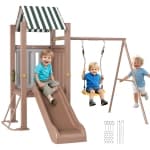 Qaba 4-in-1 Kids Swing Set with Slide, Heavy-Duty Metal Swing Set with Covered Fort, Climbing Ladder, Ground Stakes, Outdoor Play Structure for Playground, for Kids Ages 3-8, Brown