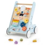 Gymax Wooden Baby Walker Push & Pull Learning Activity Center w/ Wheels Push Toy Blue
