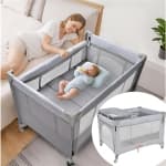Baby Bassinet Beside Crib, One-Hand Setup 4-in-1 Foldable Baby Playard Beside Sleeper with Diaper Changing Station and Zippered Door for Newborn to Toddles