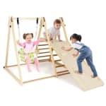 Costway 4-in-1 Indoor Jungle Gym with Baby Swing, Climber, Ladder and Resting Platform Natural/Yellow
