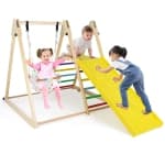 Costway 4-in-1 Indoor Jungle Gym with Baby Swing, Climber, Ladder and Resting Platform Natural/Yellow