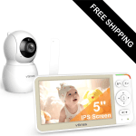 Baby Monitor No WiFi, 5'' Screen with 32-Hour Battery, Video Baby Monitor Camera Pan-Tilt-Zoom Smart VOX Mode, Two-Way Talk Night Vision Temperature Display Alarm 8 Lullabies