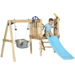 Outsunny Kids Swing Set with Slide, Wooden Swing Set with Baby Swing Seat, Captain's Wheel, Telescope, Outdoor Play Structure for Playground, for Ages 18-48 Months, Natural