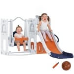 Qaba 6-in-1 Kids Slide and Swing Set with Telescope, Basketball Hoop, Climber, Baby Toddler Swing Set Indoor Playground with Storage Space, for Aged 1-3 Years Old, Orange